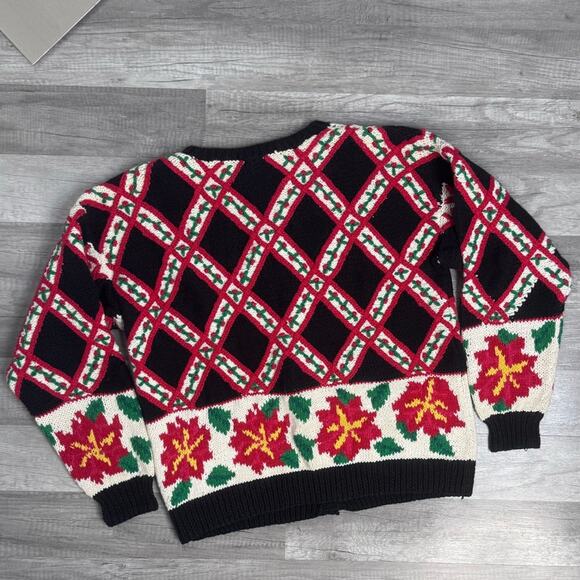 Vintage 90s Hand Knit Cardigan Sweater Christmas Holiday Oversized Small - Picture 5 of 9